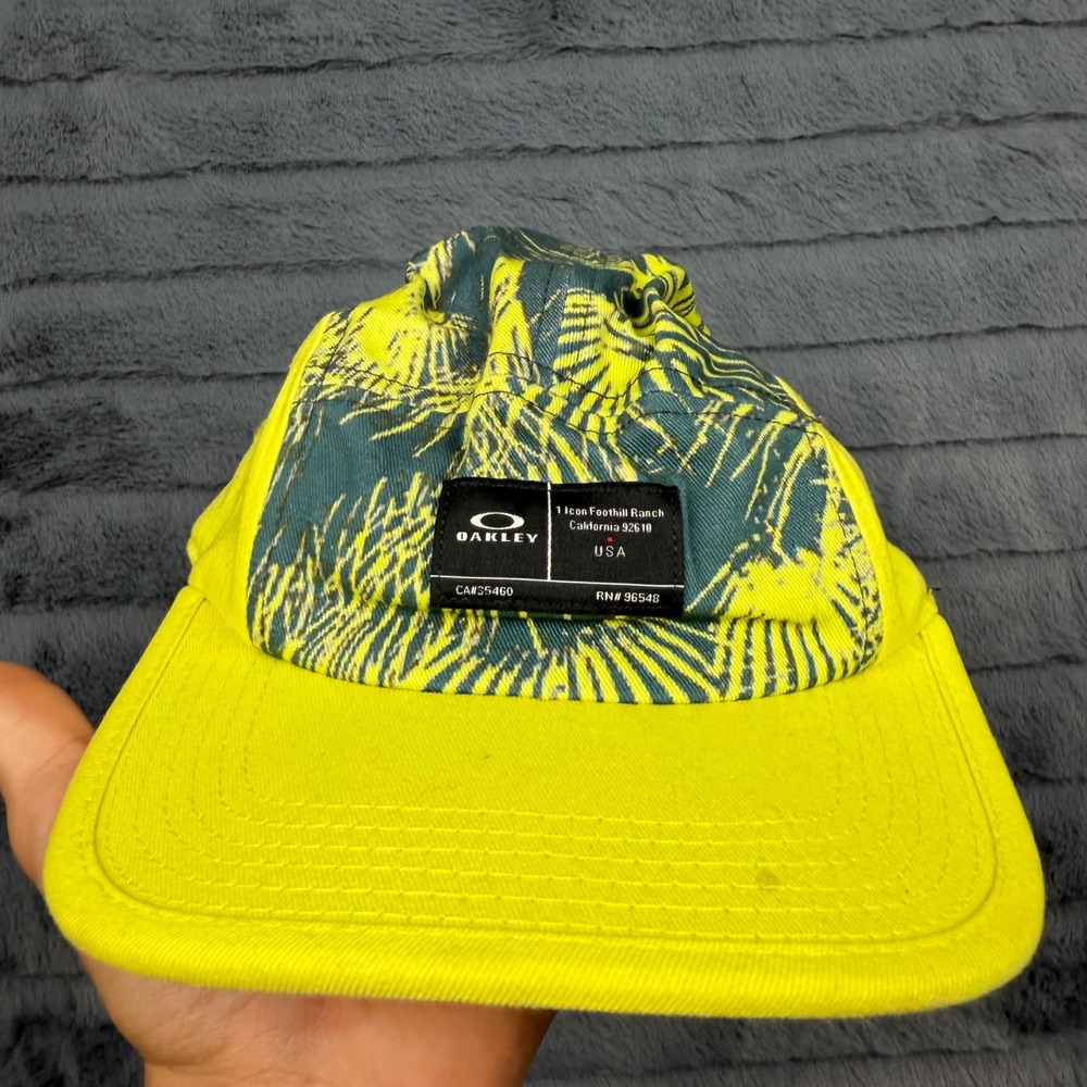 Oakley 5 Panel Camper Hat Neon Yellow Green Palm Print Adjustable Strapback Cap
